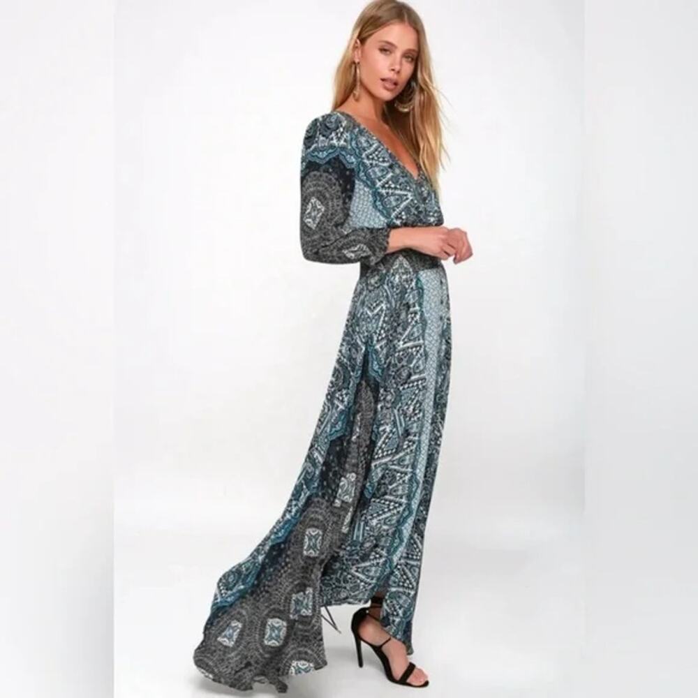 Free People Mexicali Rose Black Blue Print Smocked Waist Slit Maxi Dress Size S